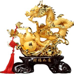 财福如意祥龙摆件 Feng Shui Dragon Statue for Wealth Good Luck Home Or Office 招财葫芦 Wooden Hu Lu (Gourd) Coloured Glaze Brass Good Luck Hu Lu 客厅玄关酒柜装饰品店铺乔迁开业礼物 - fengshui-147