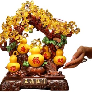 五福临门招财葫芦 Wooden Hu Lu (Gourd) Coloured Glaze Brass Good Luck Hu Lu 发财树摆件中式客厅电视酒柜装饰品 Cabinet with Wine Rack Storage, Farmhouse Wine Cabinet for Home 乔迁新居礼品 - fengshui-2020