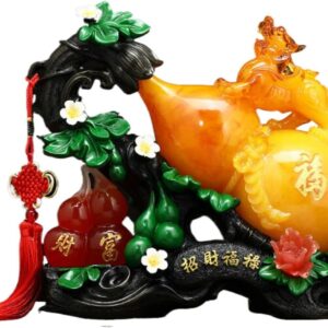 福禄招财葫芦 Wooden Hu Lu (Gourd) Coloured Glaze Brass Good Luck Hu Lu 摆件 pi yao Sculpture Golden Home Decoration Figurine 貔貅家居客厅玄关电视柜装饰工艺品乔迁开业礼物 - fengshui-599
