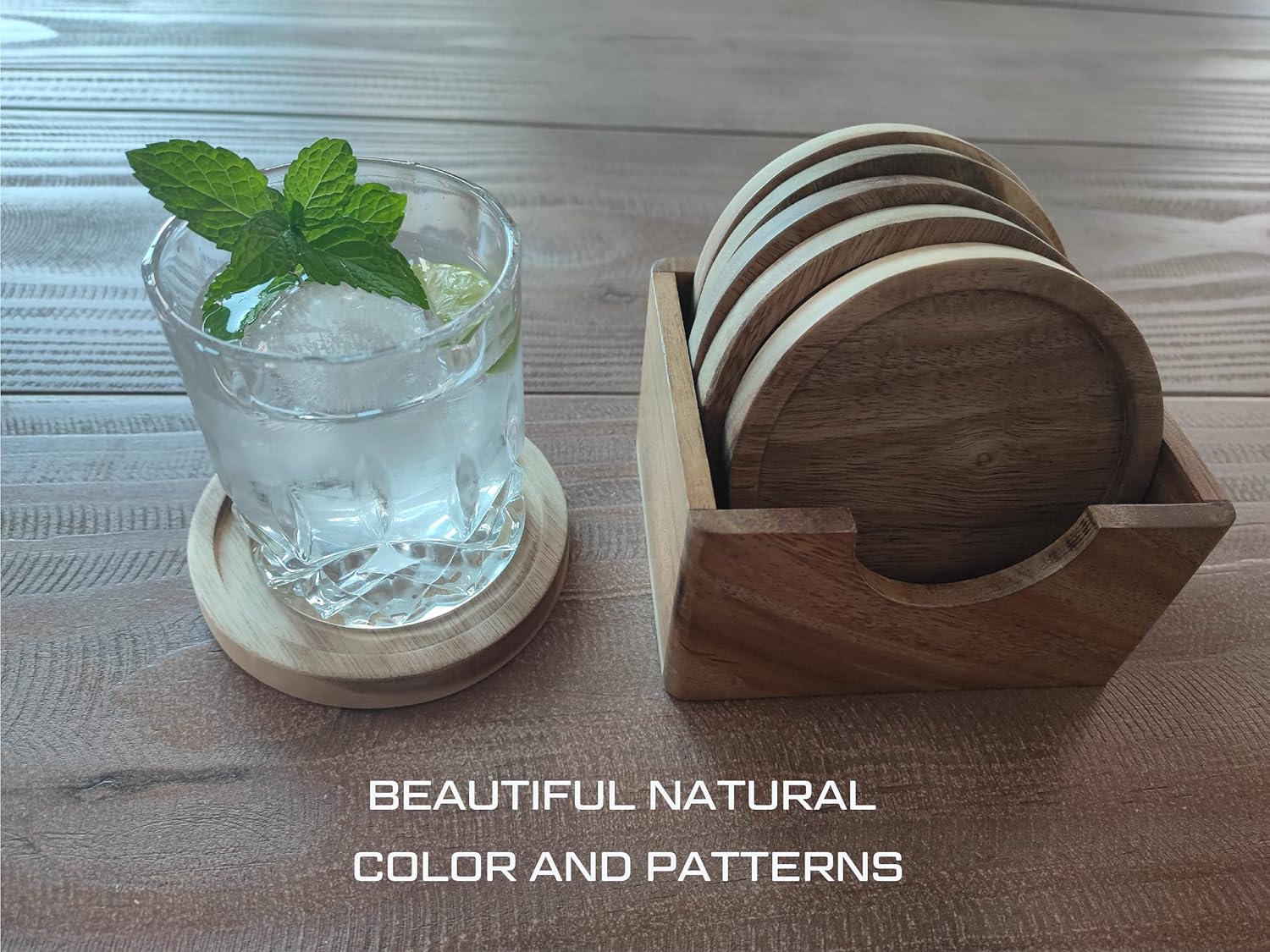 6 Piece Acacia Wood Coaster Set with Holder in a Gift Box, Made from one pc Solid Acacia Wood, Made in Vietnam. - Image 5