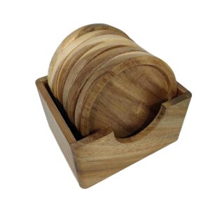 6 Piece Acacia Wood Coaster Set with Holder in a Gift Box, Made from one pc Solid Acacia Wood, Made in Vietnam.