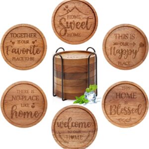Best House Warming Gifts Acacia Wooden Coasters for Drinks Coffee Table Coaster Set of 6 Pack Farmhouse Decorations Family New Home Housewarming Decor Cute Cup Wood Coasters with Holder