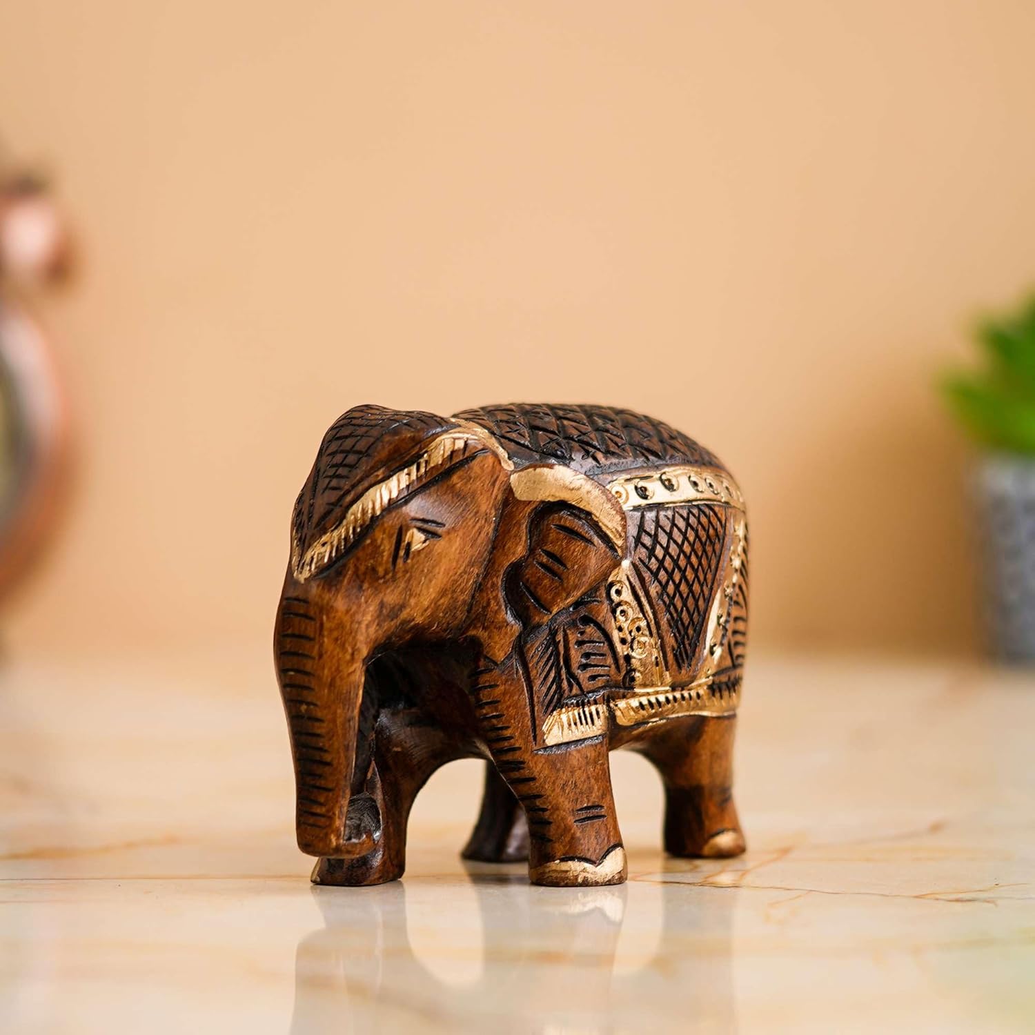 Bushra MegaMart Rajasthani Tribal Handmade Wooden Elephant Statue – Antique Design for Home, Office, Hotel, and Resort Décor | Good Luck and Prosperity Showpiece (Brown) - Image 2
