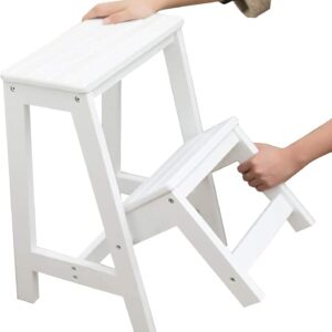 DASHADAO Indoor Climbing Stool, Household Goods 2 Steps Folding Step Ladder Wooden Ladder, Home Interior Stair Step Stool, Wooden Kitchen Step Chair Maximum Load 150Kg\/White (White)