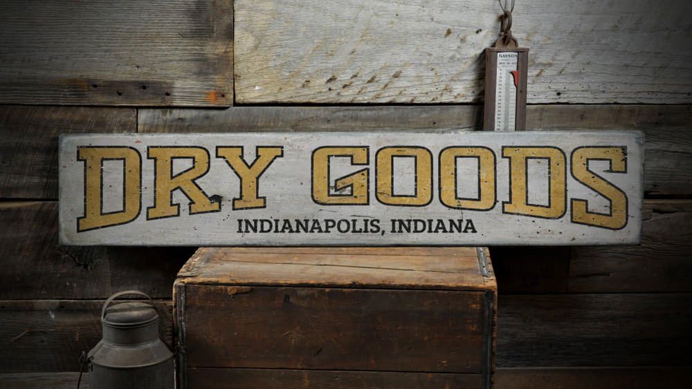 Dry Goods City State Wood Sign, Custom Mercantile Store Location Name Kitchen Home Decor - Rustic Hand Made Vintage Wooden Sign - 9.25 x 48 Inches