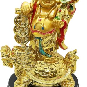 Exclusive Polyresin Medium Size Happy Man with Turtle On Wooden Base for Money, Wealth & Good Luck, Decorative Idol Statue Showpiece for Home Decoration (FS-2714)