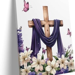 Good Friday Canvas Wall Art Easter Cross with Blooms Wall Decor Vintage Religious Poster Prints Wooden Cross & Floral Oil Painting for Church Home Living Room Bedroom Decor Aesthetic, Framed 24x30inch