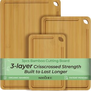 Keechee Wood Cutting Board for Kitchen - Reversible Bamboo Cutting Boards Gift Set of 3 with Juice Groove, Wooden Chopping Board for Meat, Fruit, Vegetables & Cheese (Pre Oiled, Natural)