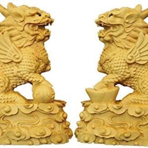 Large Ornaments A Pair of Chinese Feng Shui Qi Lin/Chi Lin Kylin Statues,Wooden Decor Prosperity Figurine Home and Office,Attract Wealth and Good Luck,Sculpture Ornament Made Large Ornaments