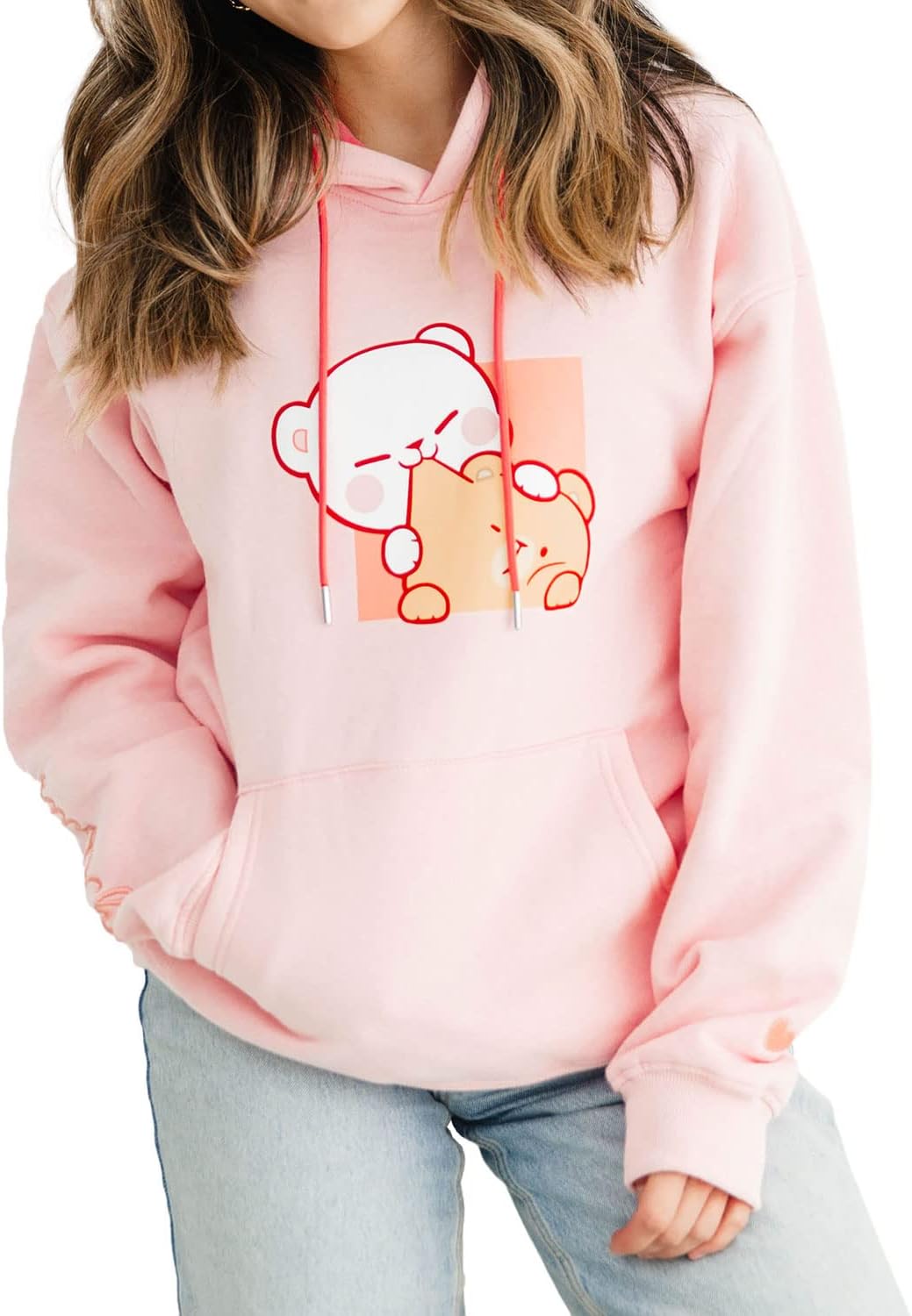Milkmochabear Official Smooch and Snuggle Pink Black Fleece Hoodie Unisex Drop-Shoulder Milk Mocha Screen Print Embroidered - Image 4