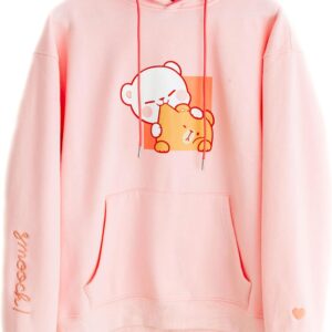 Milkmochabear Official Smooch and Snuggle Pink Black Fleece Hoodie Unisex Drop-Shoulder Milk Mocha Screen Print Embroidered