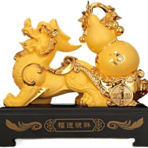 pi yao Sculpture Golden Home Decoration Figurine 貔貅摆件皮休葫芦 Wooden Hu Lu (Gourd) Coloured Glaze Brass Good Luck Hu Lu 家居家用沙金工艺商务开业礼品摆设 - fengshui-1346