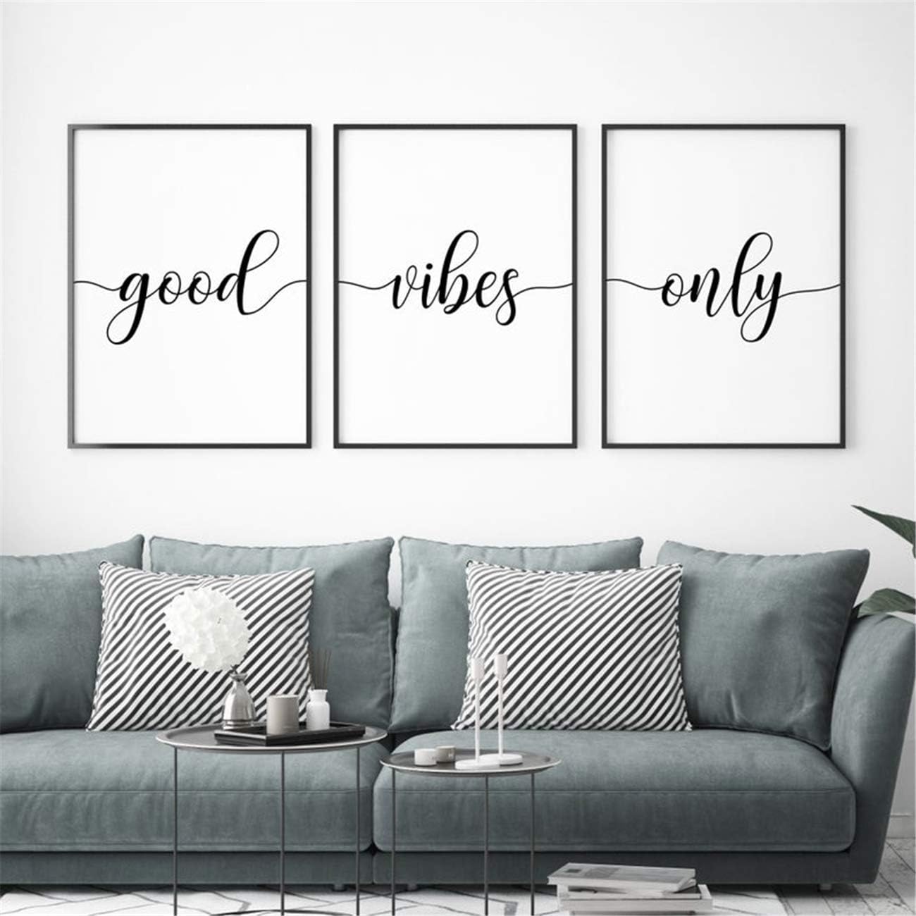 Poster and Prints Good Vibes Only Wall Art Canvas Framed Painting Artwork 3 Pieces Motivational Quotes Home Decoration for Living Room Bedroom With Wooden Inner Frame