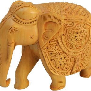 Rastogi Handicrafts Real Wooden Elephant Statue 5 Inch Height Hand Carved Collectible Figurine and Sculpture and Home Decor Made from Single Block of Wood - **Good Luck** Gifts for Men