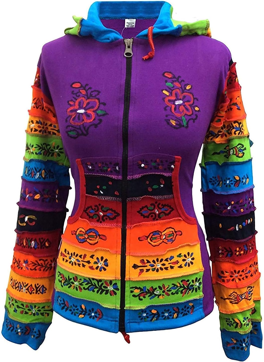 Shopoholic Fashion Women Rainbow Sleeved Flower Patch Hoodie - Image 2