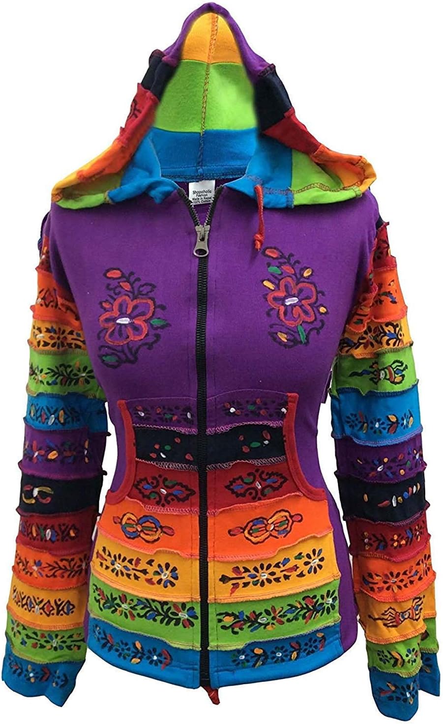 Shopoholic Fashion Women Rainbow Sleeved Flower Patch Hoodie