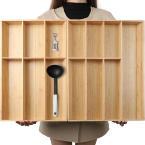 V-Shaped Extra Large Bamboo Drawer Organizer Set of 2, Kitchen Cutlery Tray Utensil Plate, Flatware&Silverware Storage Box, Wood Organizer for Bedroom, Living Room (19.6"x14.6" & 19.6"x12.4")