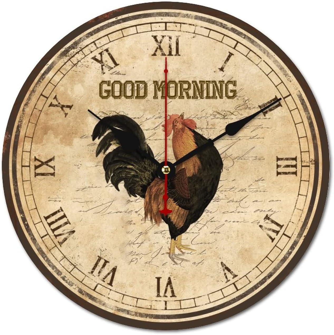 WengBeauty Good Morning Rooster Clock Cockerel Wooden Round Clock Farmhouse Pet Lover Housewarming Gift Quartz Battery Operated Decorative for Home Bathroom Bedroom 15"x15"