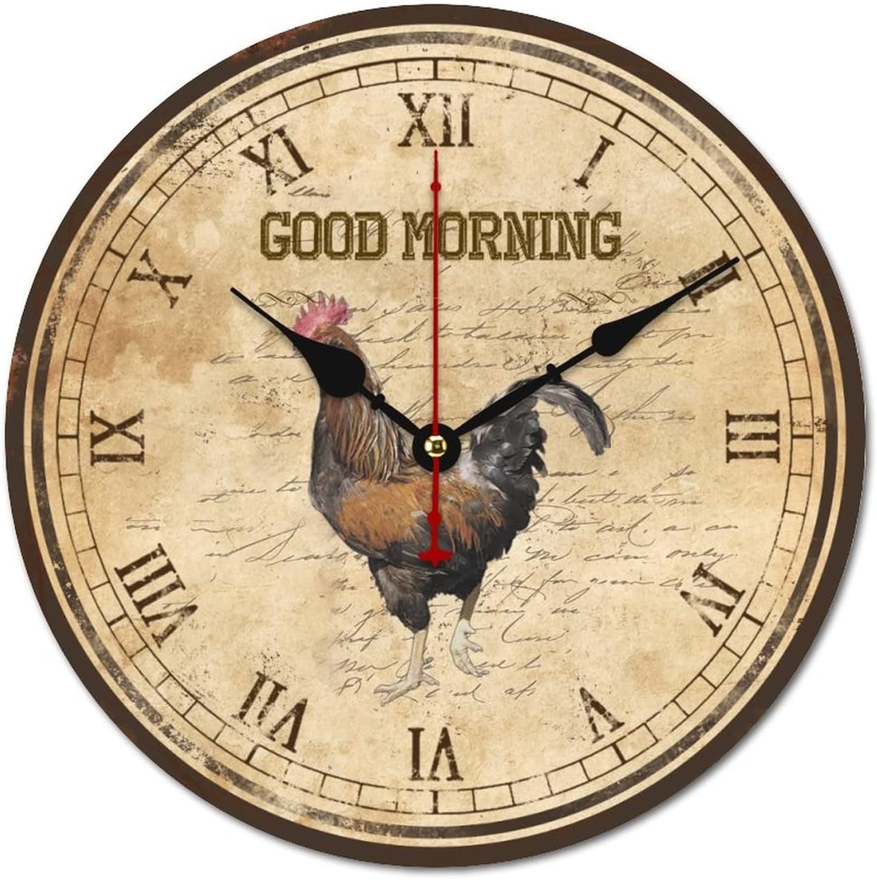 WengBeauty Good Morning Rooster Clocks Chicken Lover Wooden Round Clock Rustic Rooster Gifts for Rooster Lovers Non Ticking Silent Home Decor for Kitchen Bedroom 15"x15"