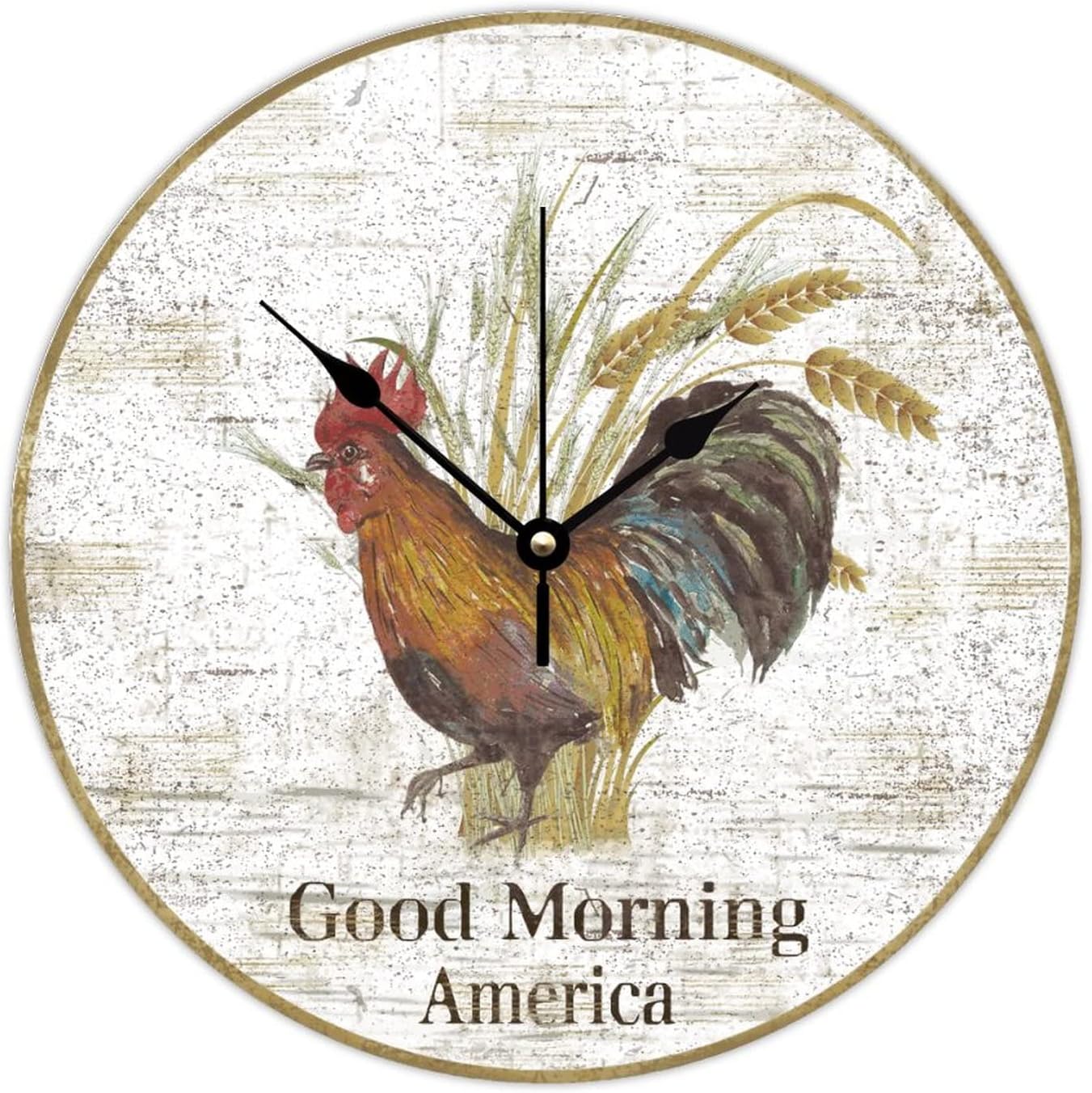 WengBeauty Rooster-Good Morning America Clock Farm Bird Rooster Wooden Round Clock Vintage Retro Chicken Lover Gift Battery Operated Silent Non-Ticking for Home Bathroom Bedroom 15x15 inches