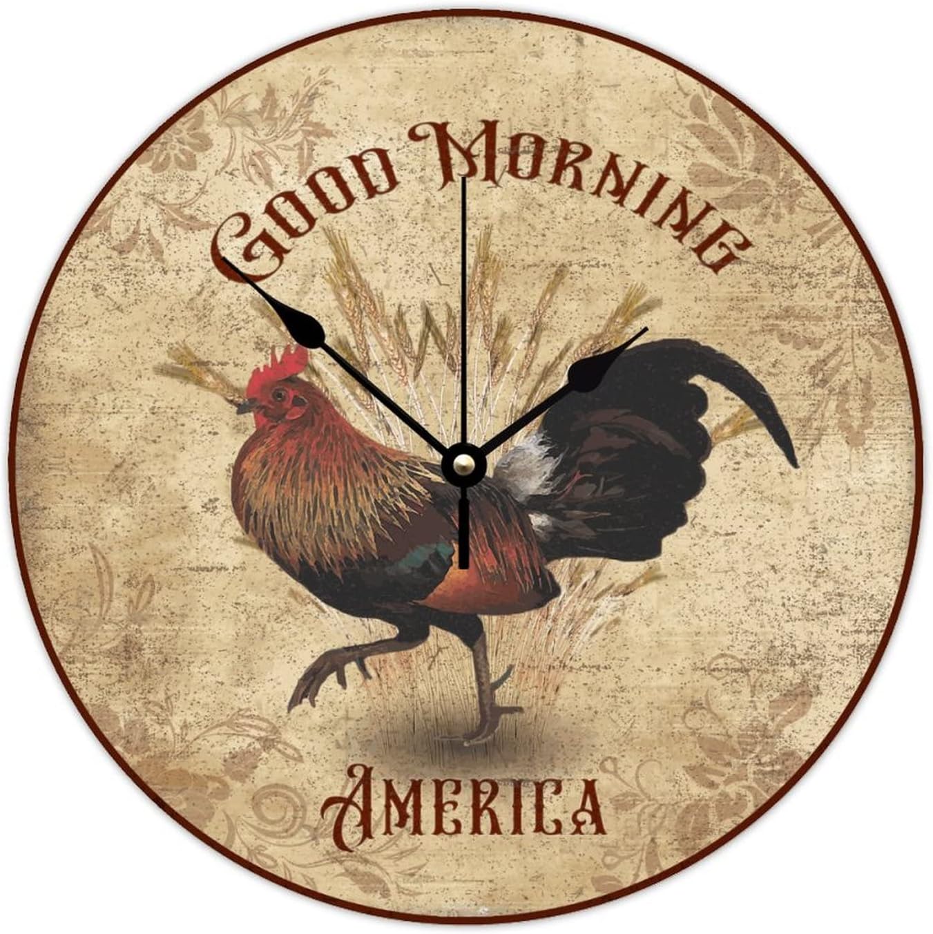 WengBeauty Rooster-Good Morning America Wall Clock Morning Rooster Wooden Round Clock Rustic Gifts for Animal Lovers Quality Quartz Battery Operated for Home Bathroom Bedroom 15x15 inches