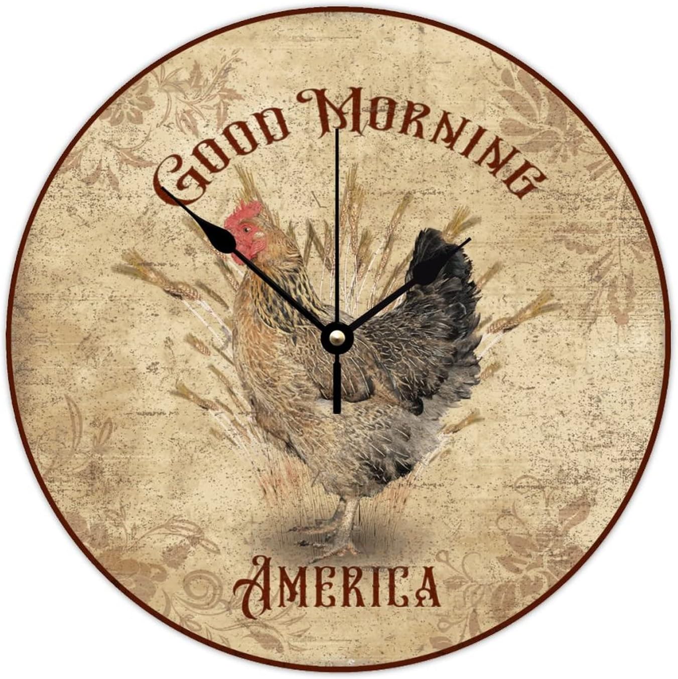 WengBeauty Rooster-Good Morning America Wall Clock Shabby Chic Wooden Round Clock Vintage Retro Housewarming Rooster Pet Funny Gift Silent Non Ticking Living Room Kitchen Home Bathroom 15x15 inches