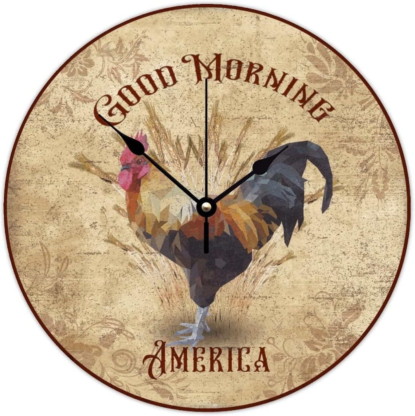 WengBeauty Rooster-Good Morning America Wall Clocks Morning Rooster Wooden Round Clock Vintage Pet Lover Gift Battery Operated Living Room Kitchen Home Bathroom 15x15 inches