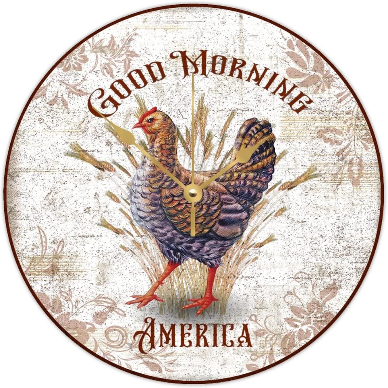 WengBeauty Rooster-Good Morning America Wall Clocks Morning Rooster Wooden Round Clock Vintage Pet Lover Housewarming Gift Non Ticking Silent Decorative for Kitchen Home Bedroom 15x15 inches