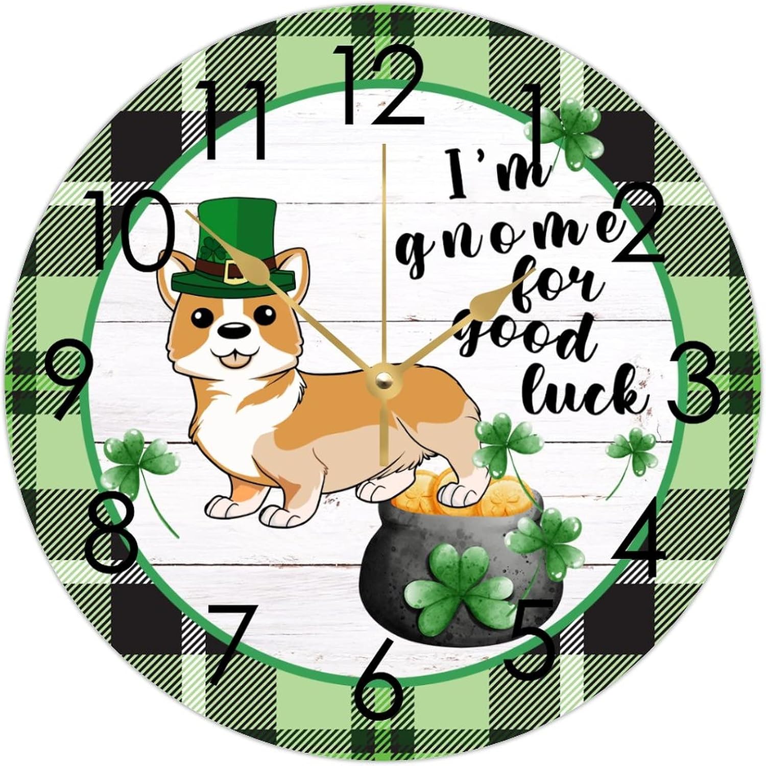 Wooden Round Clock Nursery Clock St. Patrick's Day I'm Gnome for Good Luck Corgi Dog Shamrock Clock Irish Home Funny Wall Clock Non Ticking Silent Decorative for Kitchen Home Bedroom 15"x15"