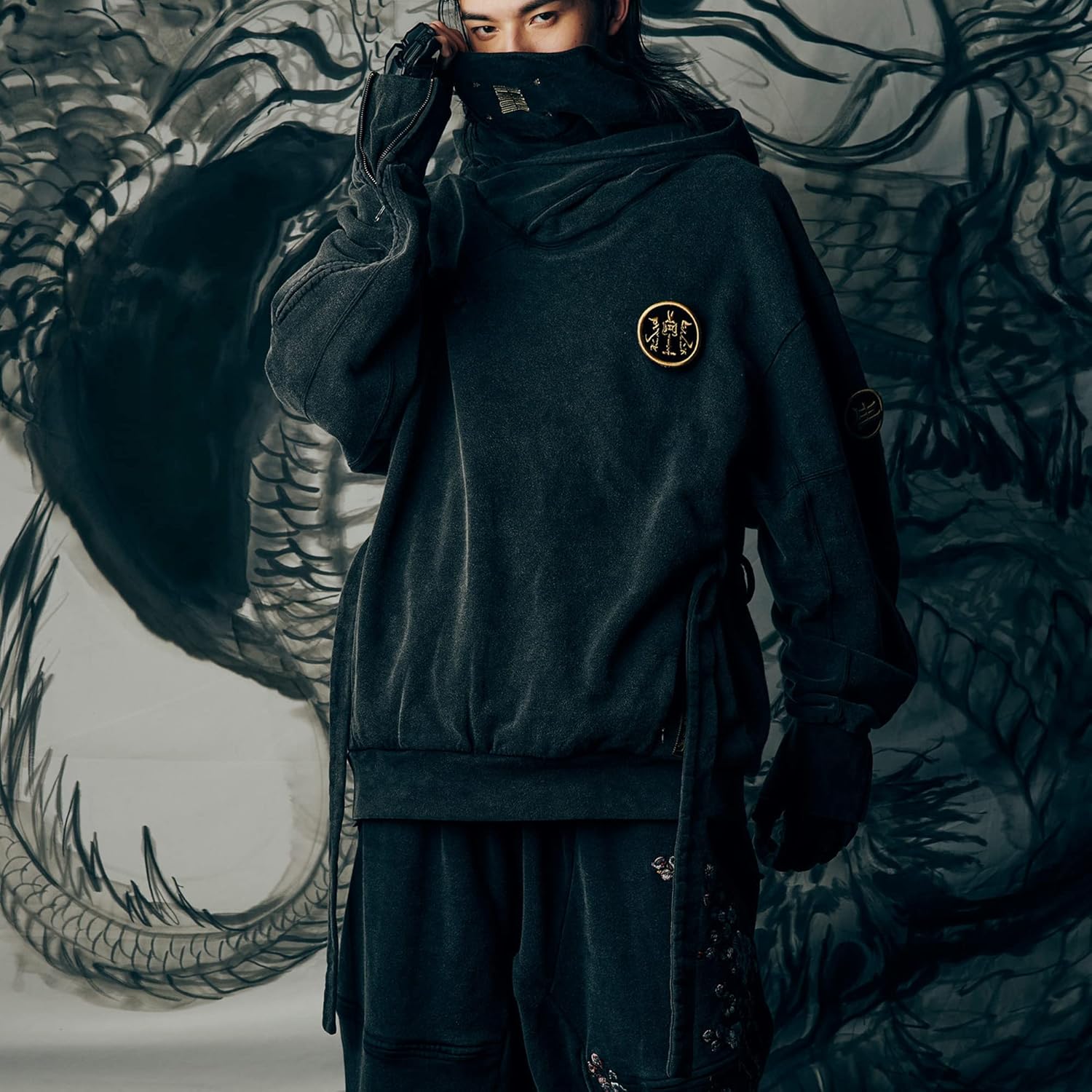 XYXIONGMAO Men's Black Futuristic Techwear Streetwear Hoodies Japanese Hip Hop Kanji Designer Baggy Hoodie - Image 3